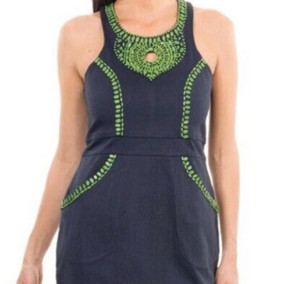 Gretchen Scott Navy and Green Beaded Sheath Sleeveless Dress - Picture 1 of 8